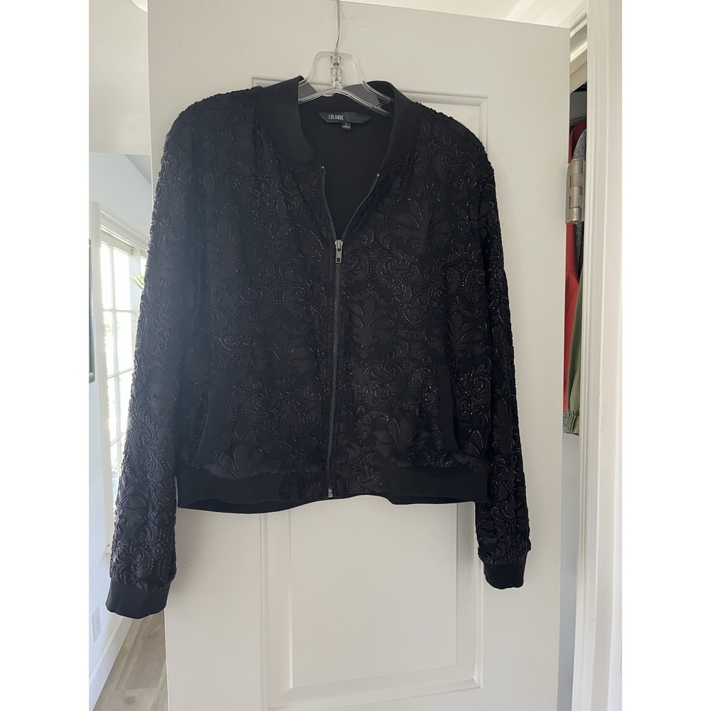 LULAROE Women's Stevie Bomber Jacket Elegant Collection Black W Pattern Size L